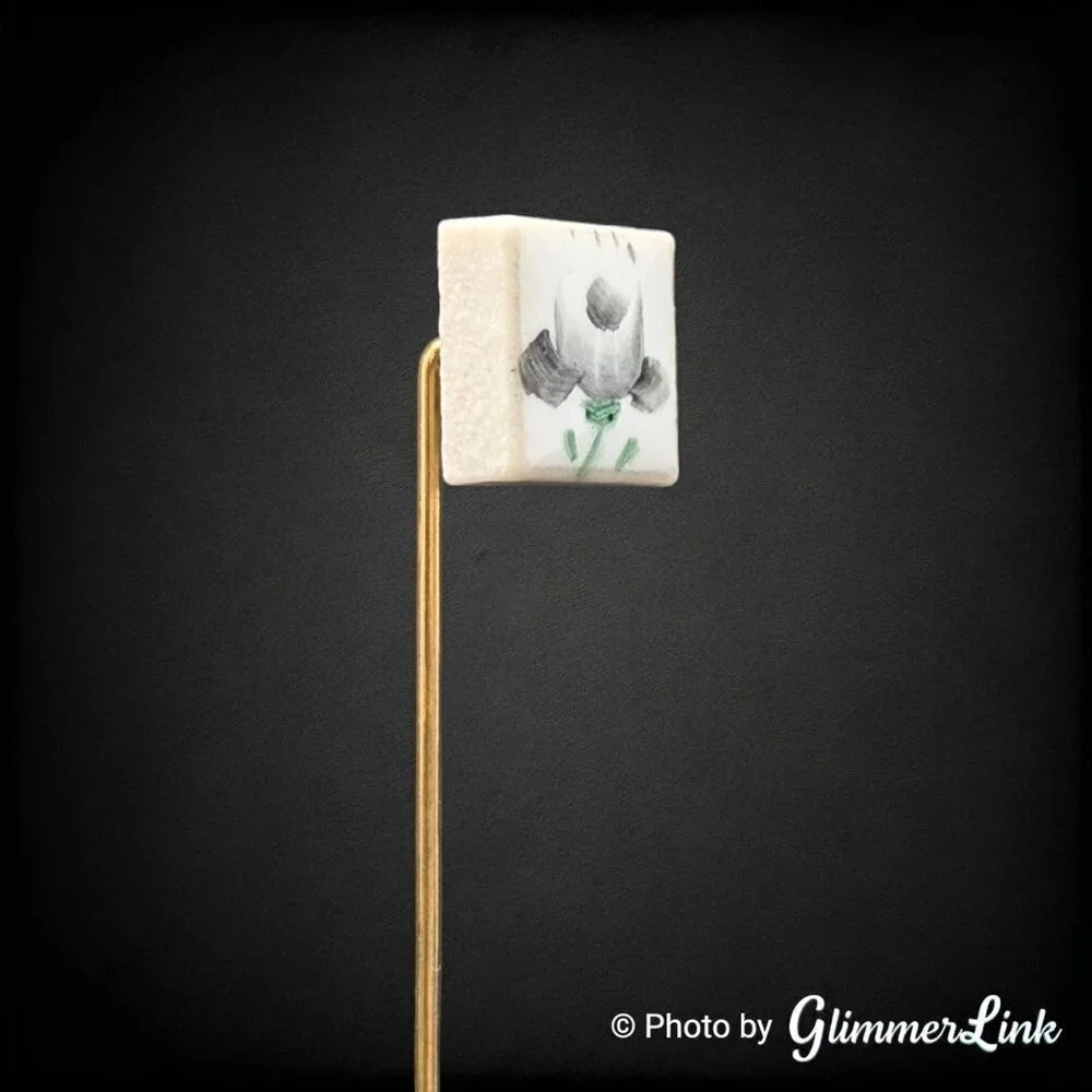 Vintage Floral Hand Painted Ceramic Marbled Square Gold Tone Stick Pin